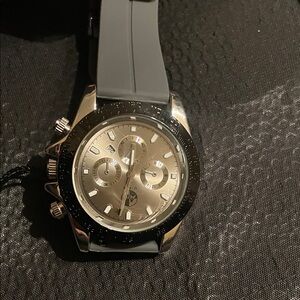 Silver Chronograph Watch with Gray Strap